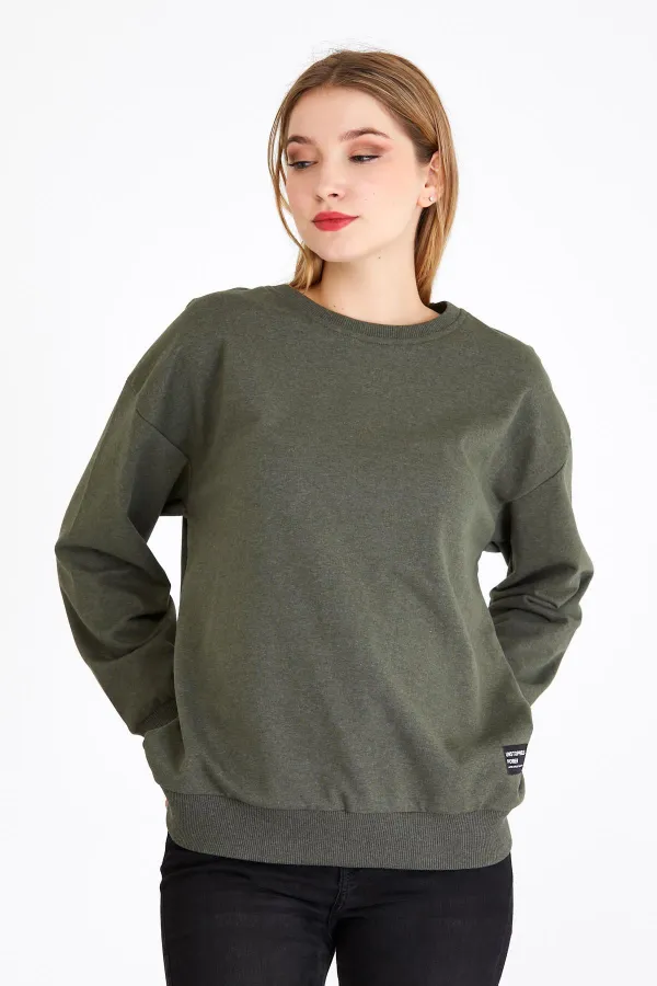 Women's Khaki Color Basic Crew Neck Sweatshirt