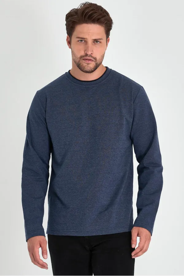Sweat-shirt homme indigo à col rond double, coupe décontractée standard