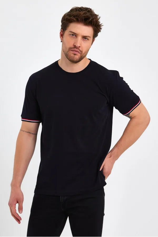 Erkek Basic Kolları Şeritli %100 Pamuk Bisiklet Yaka Regular Fit 3'Lü T-shirt