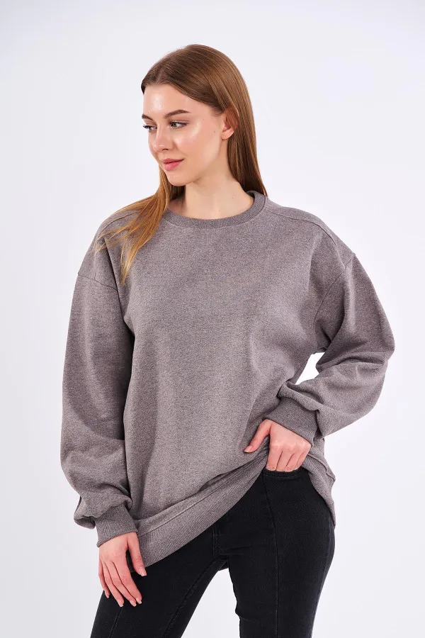 Kahve Kadın Pamuklu Oversize Basic Bisiklet Yaka Sweatshirt