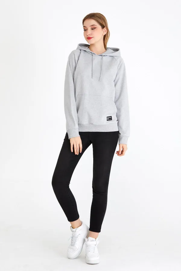 Women's Gray Color Hooded Basic Knitted Sweatshirt
