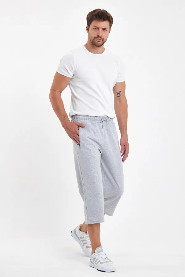 Erkek Cepleri Fermuarlı Gri Bermuda Diz Altı Kapri Beli Ayarlanabilir Lastikli Uzun Şort