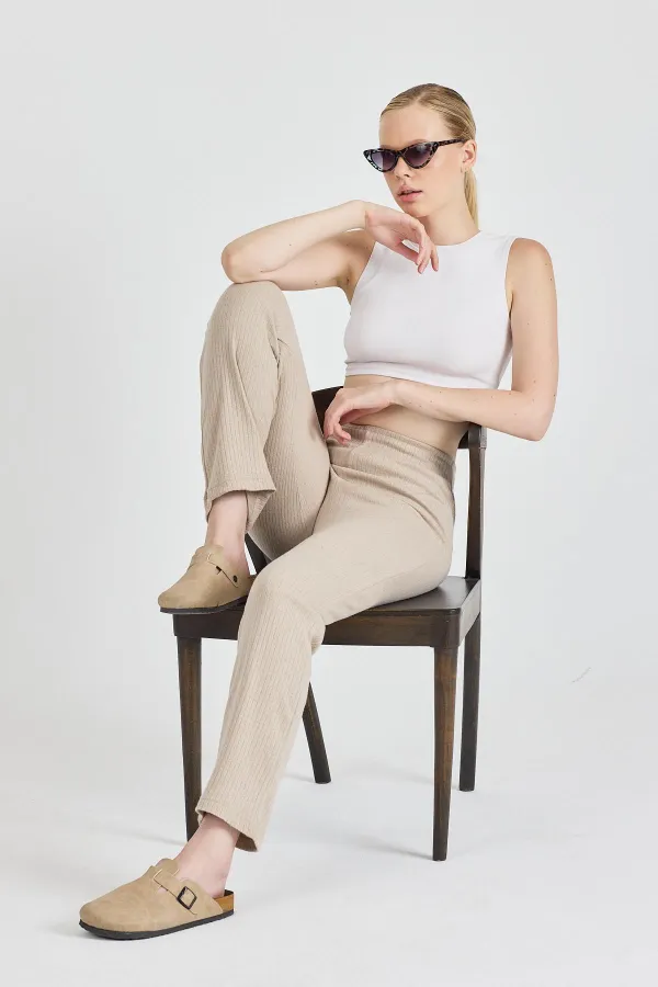 Vizon Fitilli Geniş Paça Pamuklu İnce Yüksek Bel Kadın Eşofman Altı