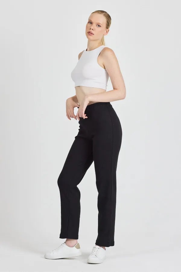 Siyah Fitilli Geniş Paça Pamuklu İnce Yüksek Bel Kadın Eşofman Altı