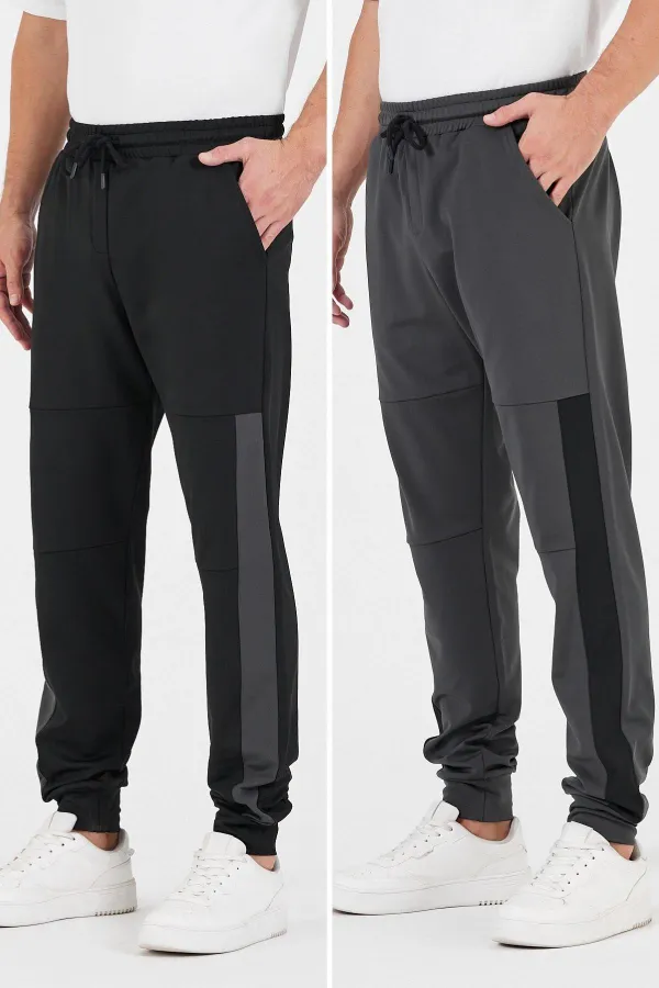 Erkek Siyah-Antrasit Standart Fit Normal Kesim Paça Ribanalı Cepli Rahat Jogger 2'li Eşofman Altı MTLCE101-2