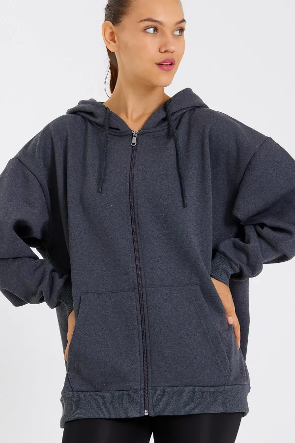 Kadın Kanguru Cepli Kapüşonlu Fermuarlı İçi Polarlı Hırka