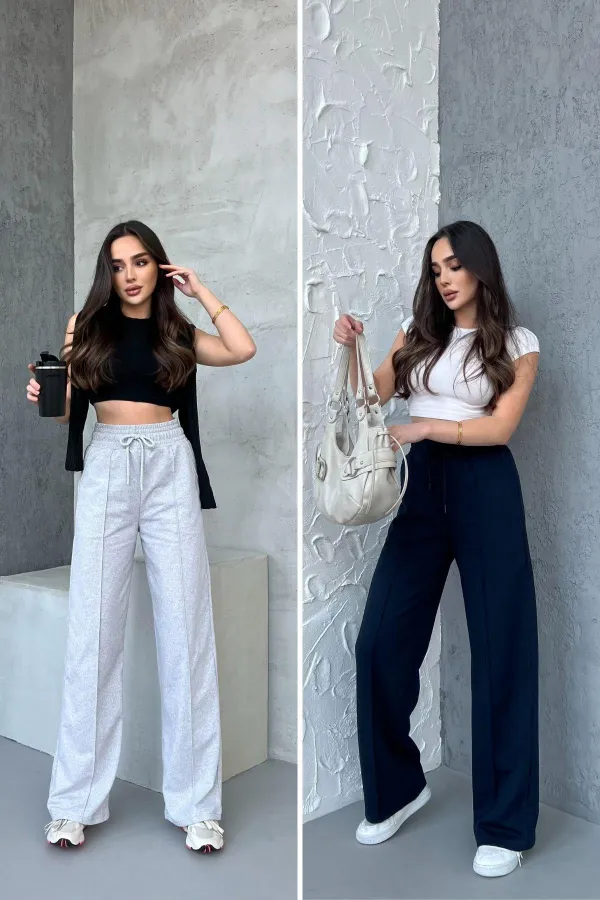 Siyah-Antrasit Kadın Mevsimlik Salaş Geniş Paça Yüksek Bel 2'li Eşofman Altı