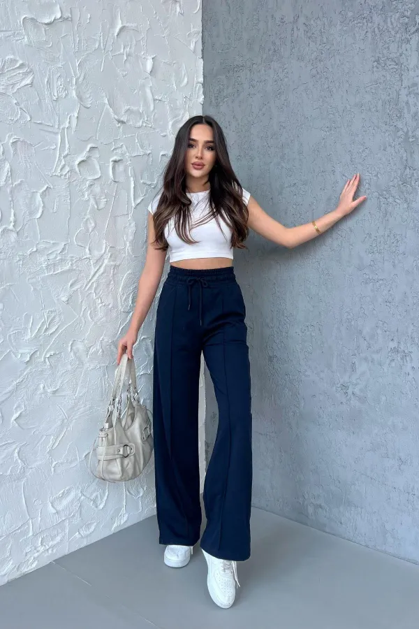 Women's Seasonal Casual Wide Leg High Waist Navy Blue Sweatpants