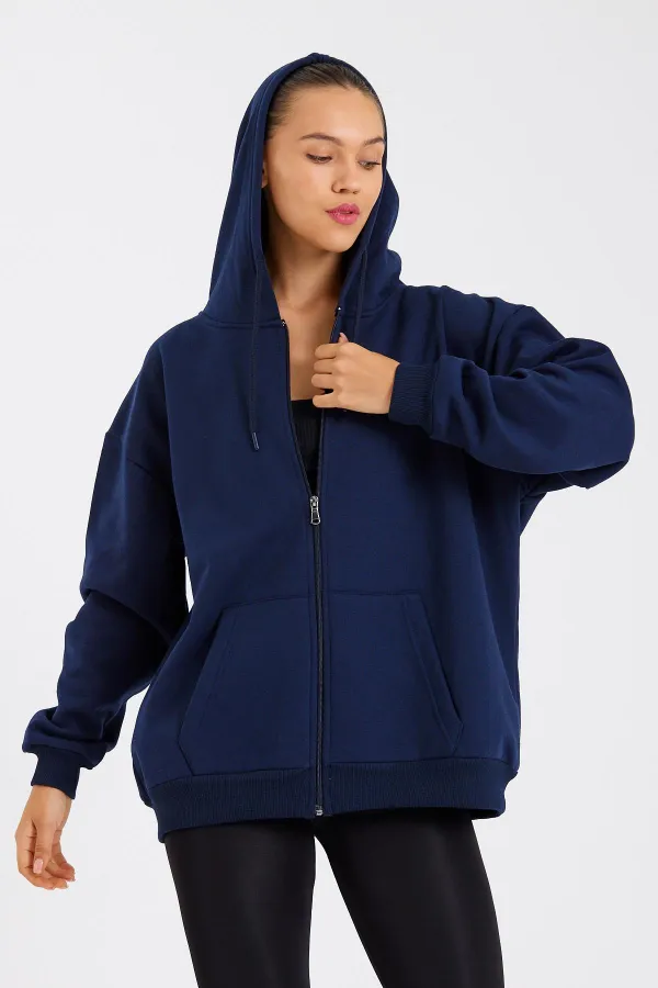 Kadın Kanguru Cepli Kapüşonlu Fermuarlı İçi Polarlı Hırka