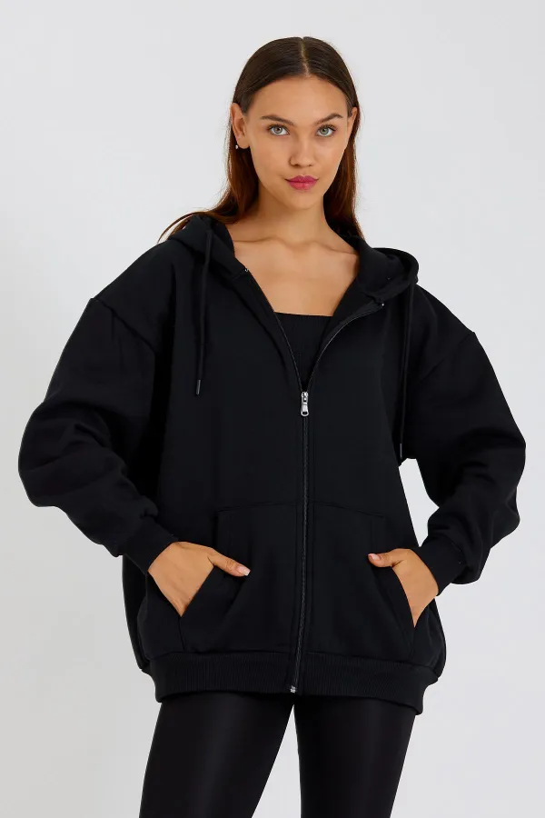 Gilet polaire zippé à capuche avec poche kangourou pour femme