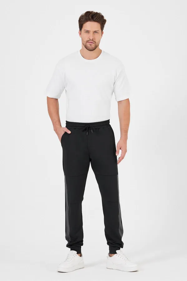 Erkek Siyah-Antrasit Standart Fit Normal Kesim Paça Ribanalı Cepli Rahat Jogger 2'li Eşofman Altı MTLCE101-2