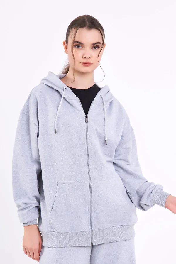 Gri Kanguru Cepli Kapüşonlu Fermuarlı Oversize Kadın Sweatshirt