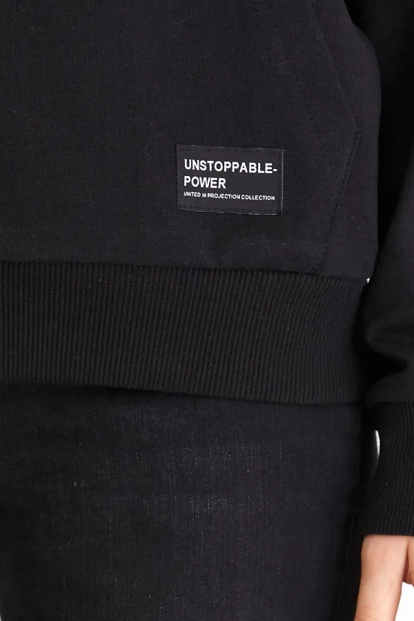 Women's Black Hooded Basic Knitted Sweatshirt