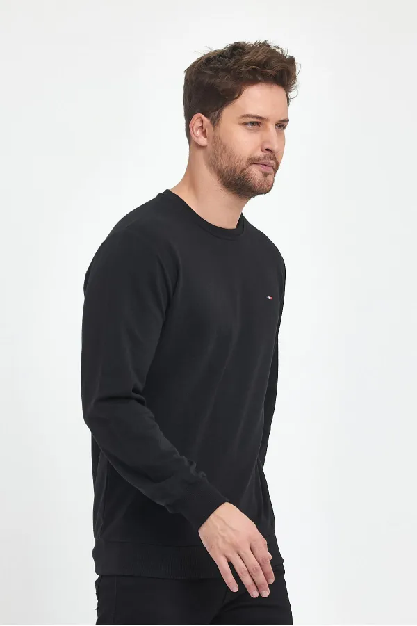 Erkek Siyah Bisiklet Yaka Nakış Detaylı Regular Fit Sweatshirt