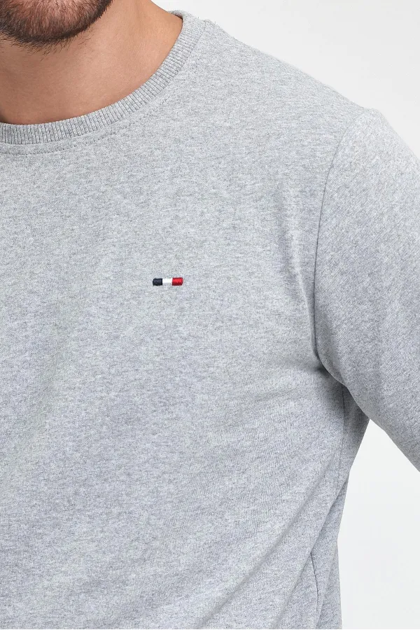 Erkek Gri Bisiklet Yaka Nakış Detaylı Regular Fit Sweatshirt