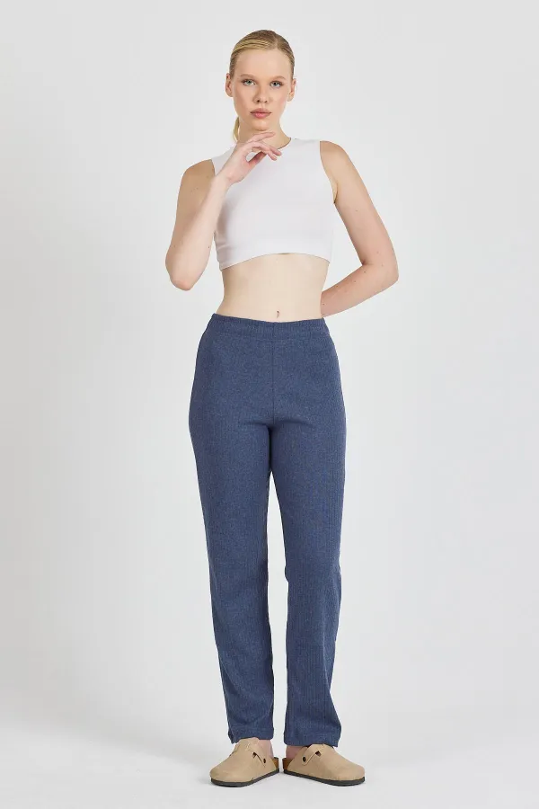 Pantalon de survêtement femme en coton côtelé indigo, jambes larges, coupe slim, taille haute