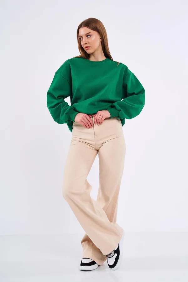 Sweat-shirt basique oversize en coton vert pour femme, col rond.