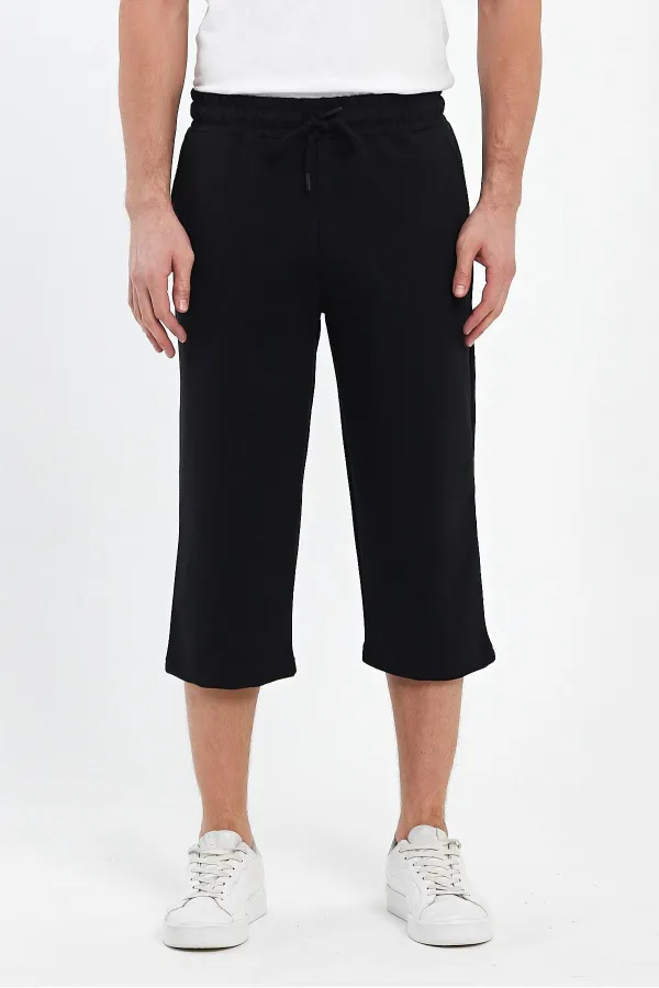 Short bermuda noir pour homme, longueur genou, style capri, avec poches latérales et taille élastique ajustable MTLCE74