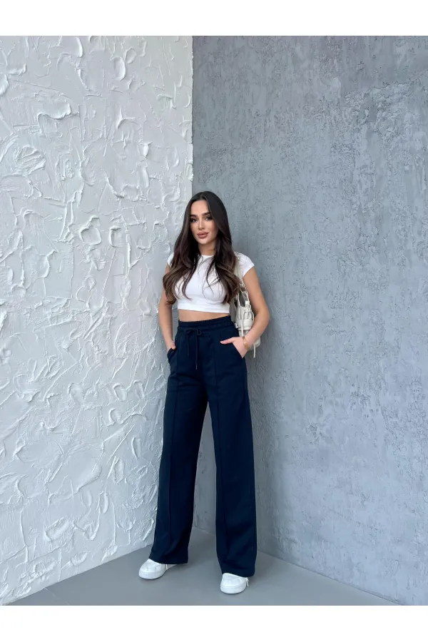 Siyah-Antrasit Kadın Mevsimlik Salaş Geniş Paça Yüksek Bel 2'li Eşofman Altı