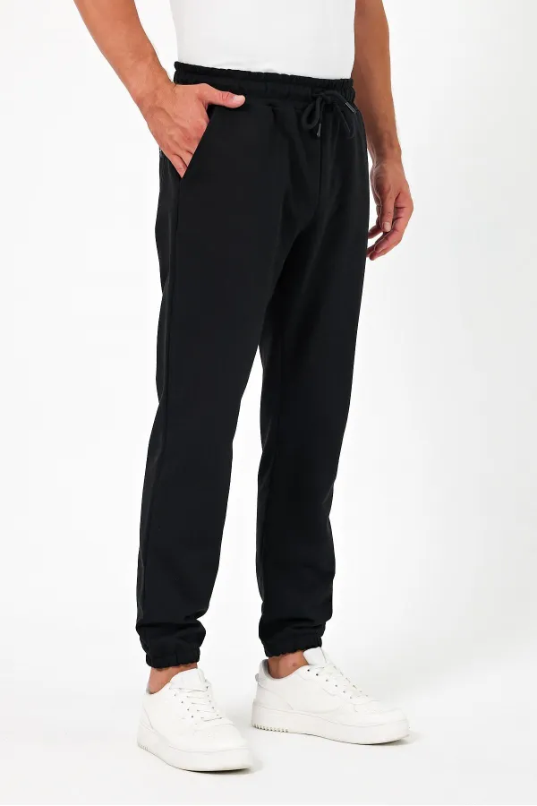 Kalın Siyah Erkek Eşofman Altı Jogger Arka Cepli Lastik Paça Regular Fit Şardonsuz