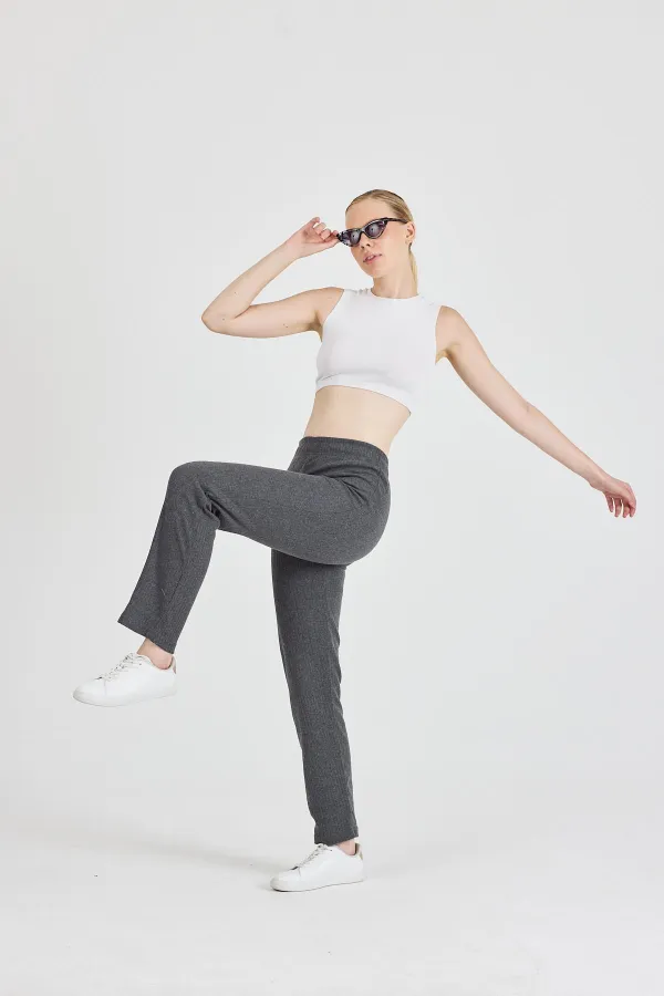 Füme Fitilli Geniş Paça Pamuklu İnce Yüksek Bel Kadın Eşofman Altı