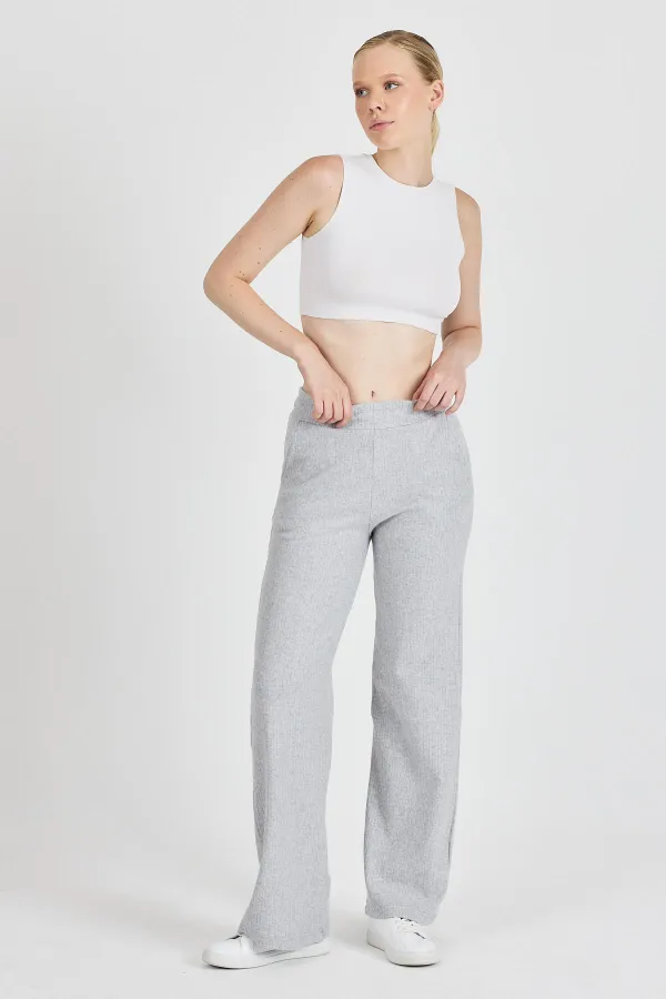 Pantalon de survêtement gris côtelé à jambes larges et taille haute avec poches pour femme