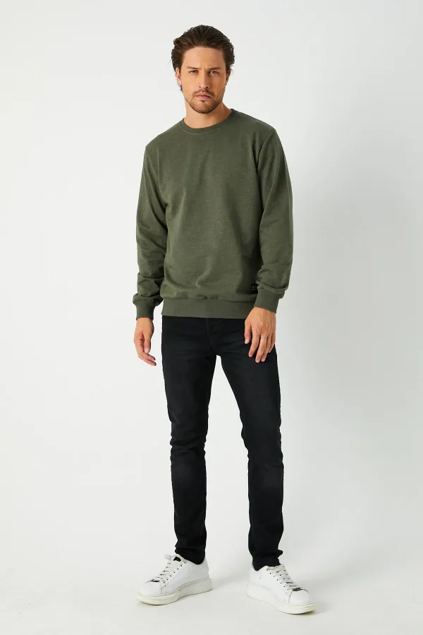Erkek Basic Bisiklet Yaka Haki Sweatshirt 