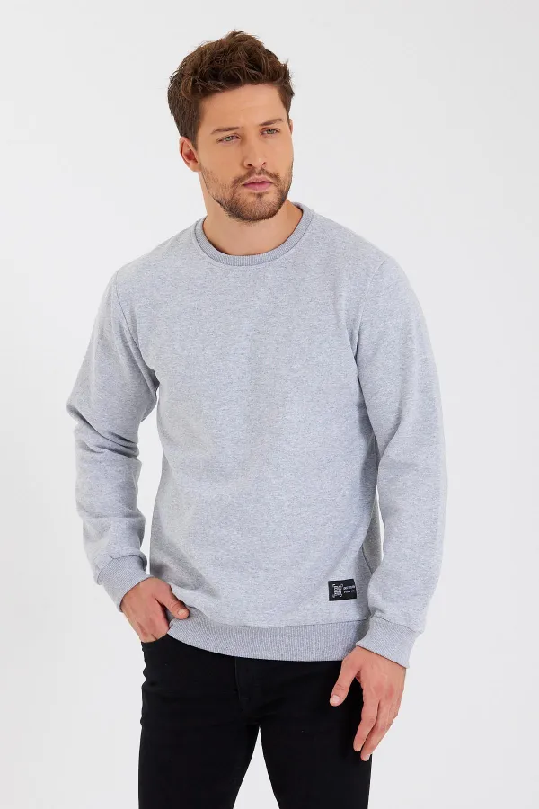 Crew Neck Sweatshirt with Label Detail and Cotton Lining for Men.