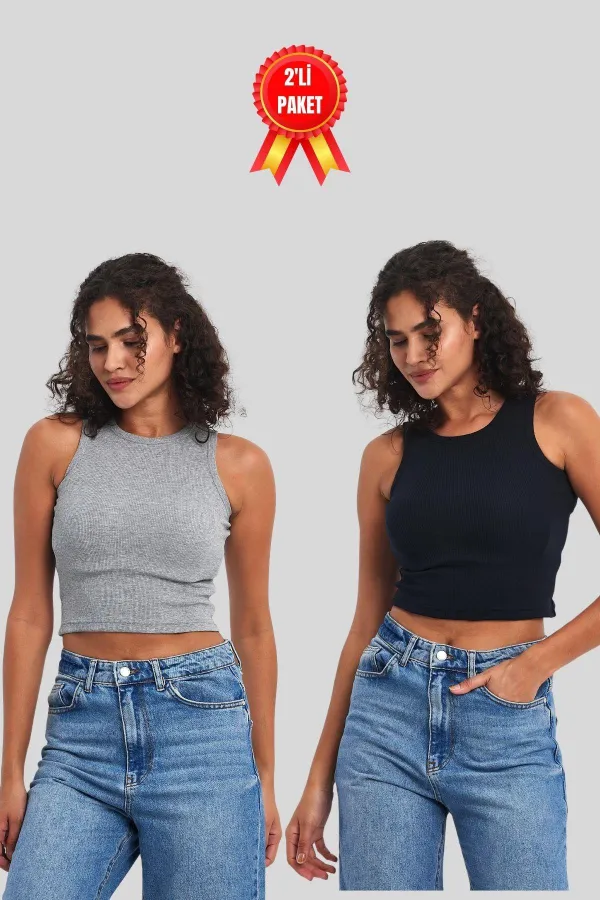 Kadın Siyah-Beyaz Fitilli Görünümlü Askılı Kalın Esnek Örme 2'li Basic Crop Atlet