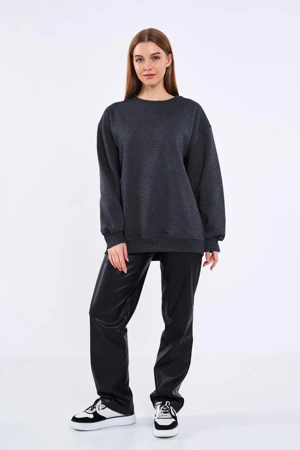 Sweat-shirt basique oversize en coton anthracite pour femme, col rond.