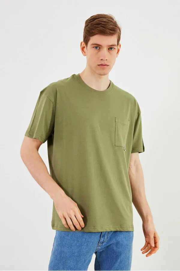 Leo Men's Oversize T-Shirt 100% Cotton Pocket Detail Crew Neck Basic T-Shirt MTLCE75