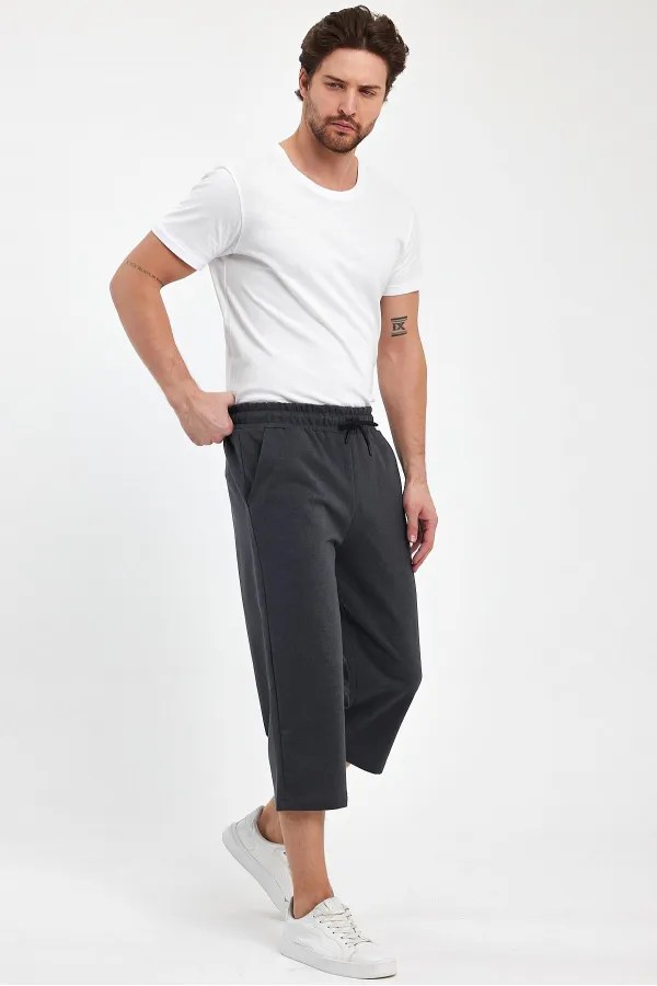 Erkek Yanları Cepli Antrasit Bermuda Diz Altı Kapri Beli Ayarlanabilir Lastikli Uzun Şort MTLCE74