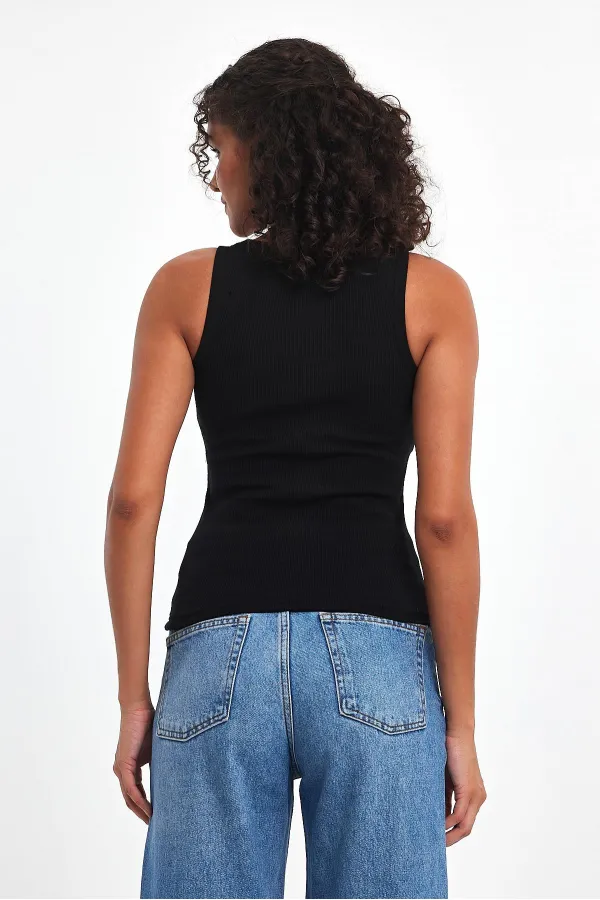 Kadın Siyah Fitilli Görünümlü Askılı Kalın Basic Atlet Bluz