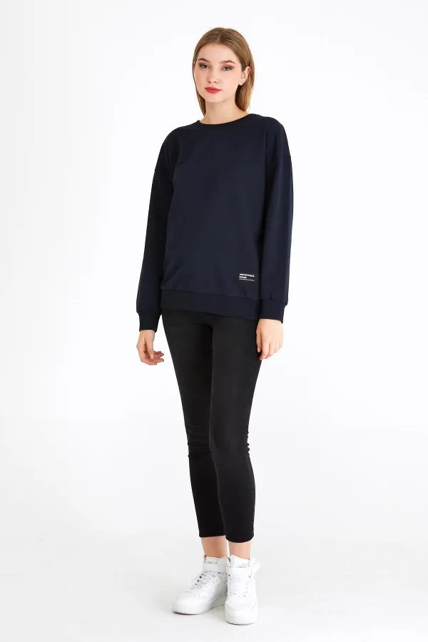 Women's Navy Blue Color Basic Crew Neck Sweatshirt