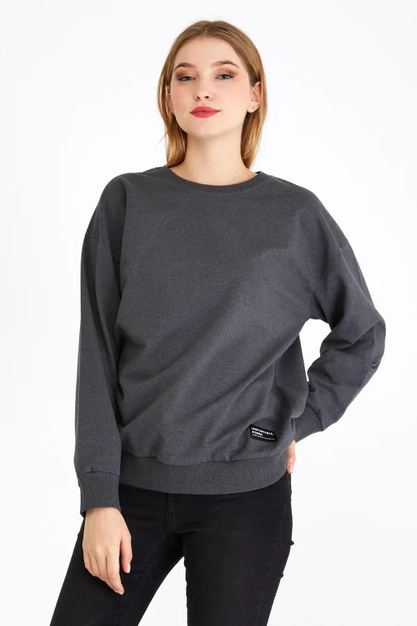 Women's Anthracite Color Basic Crew Neck Sweatshirt