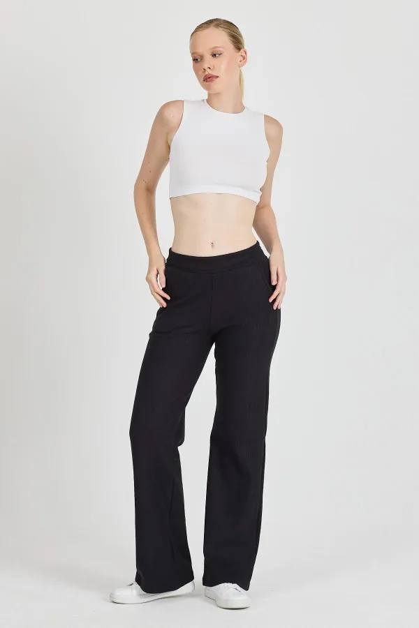 Siyah Fitilli Geniş Paça Kaşkorse Yüksek Bel Cepli Kadın Eşofman Altı