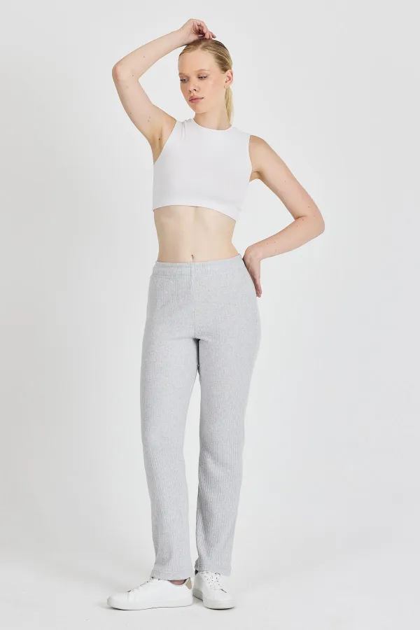 Pantalon de survêtement gris côtelé à jambes larges et taille haute pour femme