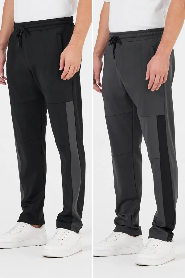 Erkek Siyah-Antrasit Standart Fit Normal Kesim Düz Paça Cep Fermuarlı Rahat Jogger 2'li Eşofman Altı