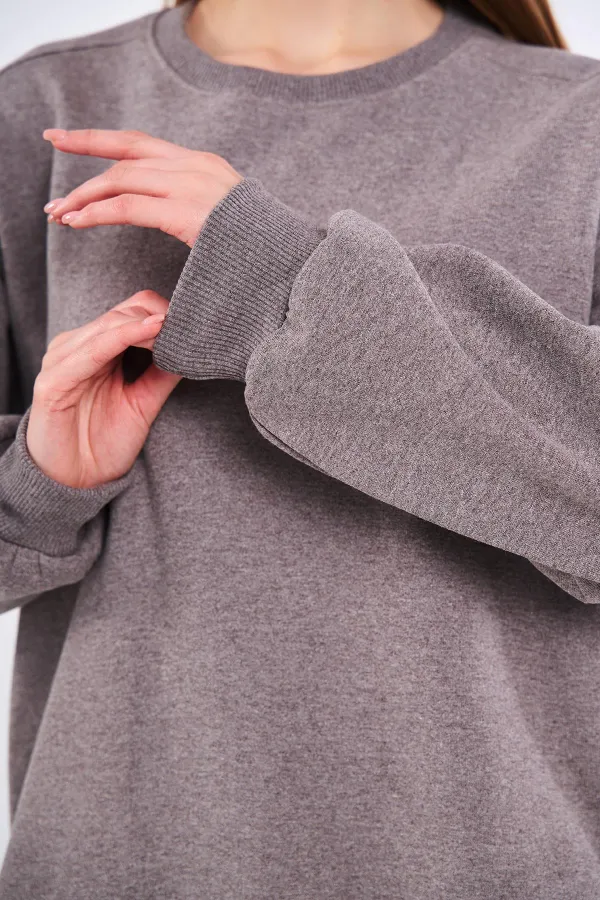 Kahve Kadın Pamuklu Oversize Basic Bisiklet Yaka Sweatshirt