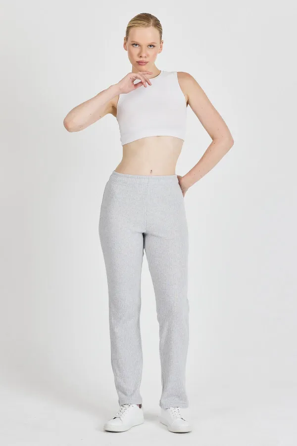 Pantalon de survêtement gris côtelé à jambes larges et taille haute pour femme