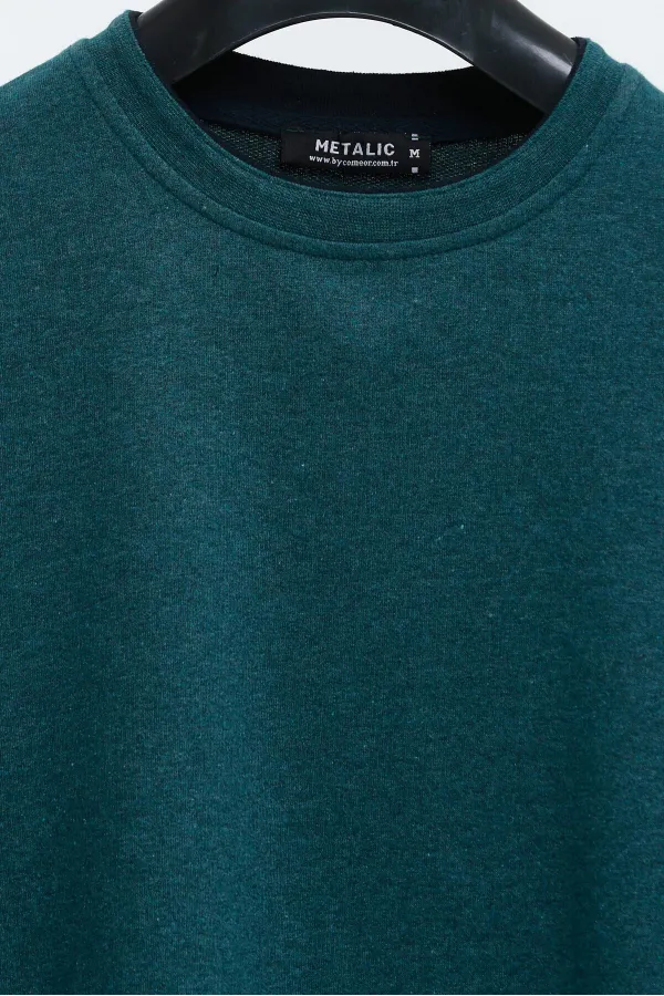 Men's Petroleum Double Crew Neck Print Detail Standard Relaxed Fit Sweatshirt