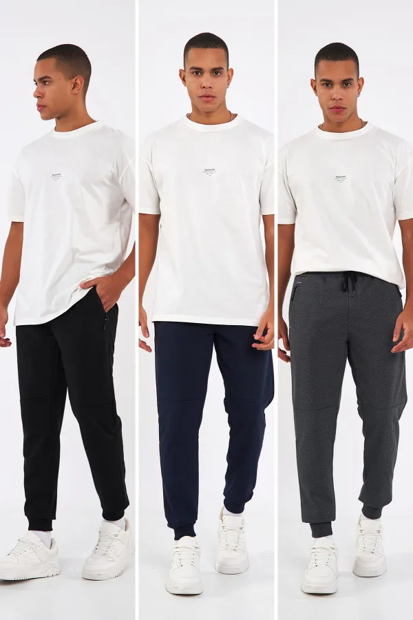 Sİyah-Lacivert-Antrasit Erkek Paçası Lastikli 3'lü Eşofman Altı