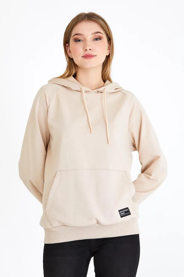 Metallic Women's Beige Hooded Basic Knitted Sweatshirt
