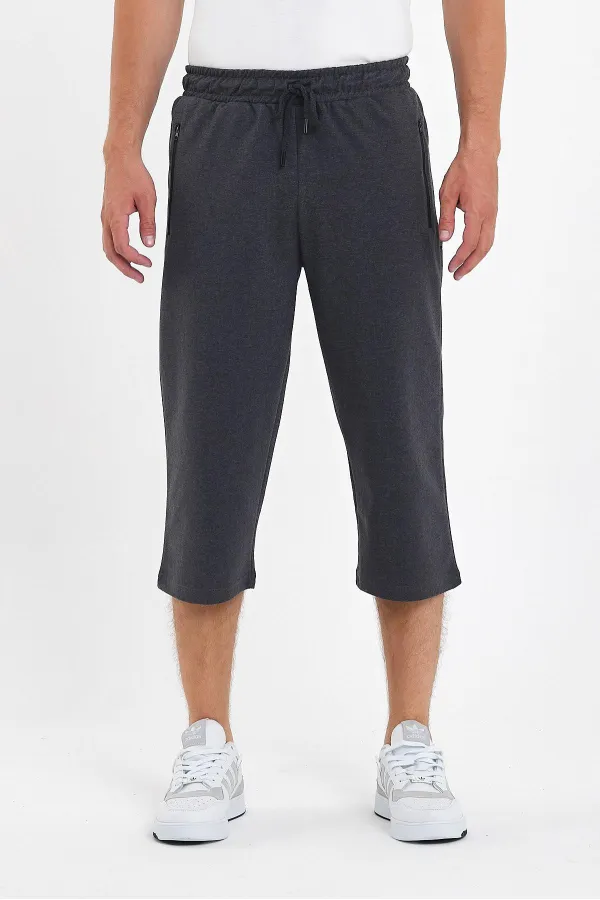 Erkek Cepleri Fermuarlı Antrasit Bermuda Diz Altı Kapri Beli Ayarlanabilir Lastikli Uzun Şort 