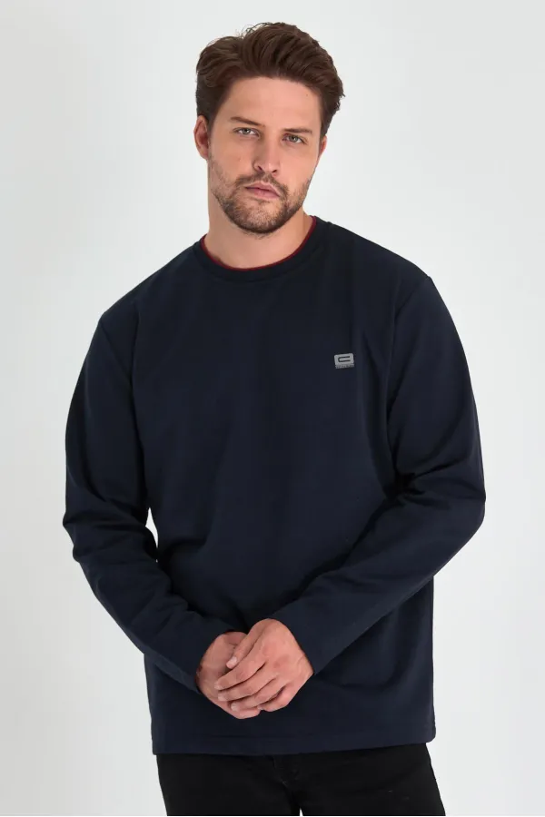 Men's Navy Blue Double Crew Neck Sweatshirt with Print Detail, Standard Relaxed Fit
