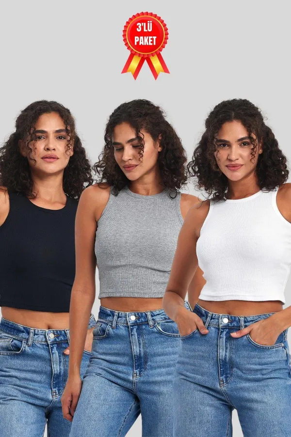 Kadın Siyah-Beyaz-Gri Fitilli Görünümlü Askılı Kalın Esnek Örme 3'lü Basic Crop Atlet