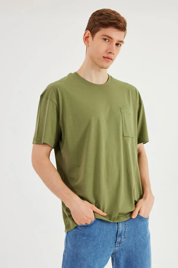 Leo Men's Oversize T-Shirt 100% Cotton Pocket Detail Crew Neck Basic T-Shirt MTLCE75