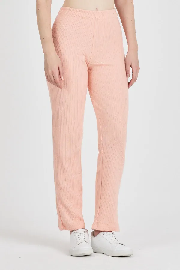 Pantalon de survêtement rose pâle côtelé, jambes larges, en coton fin, taille haute, pour femme