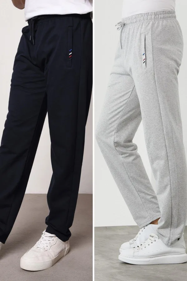 Siyah-Antrasit Erkek Fermuar Cep Nakış Detaylı Düz Paça Rahat Kesim 2'li Eşofman Altı Paketi