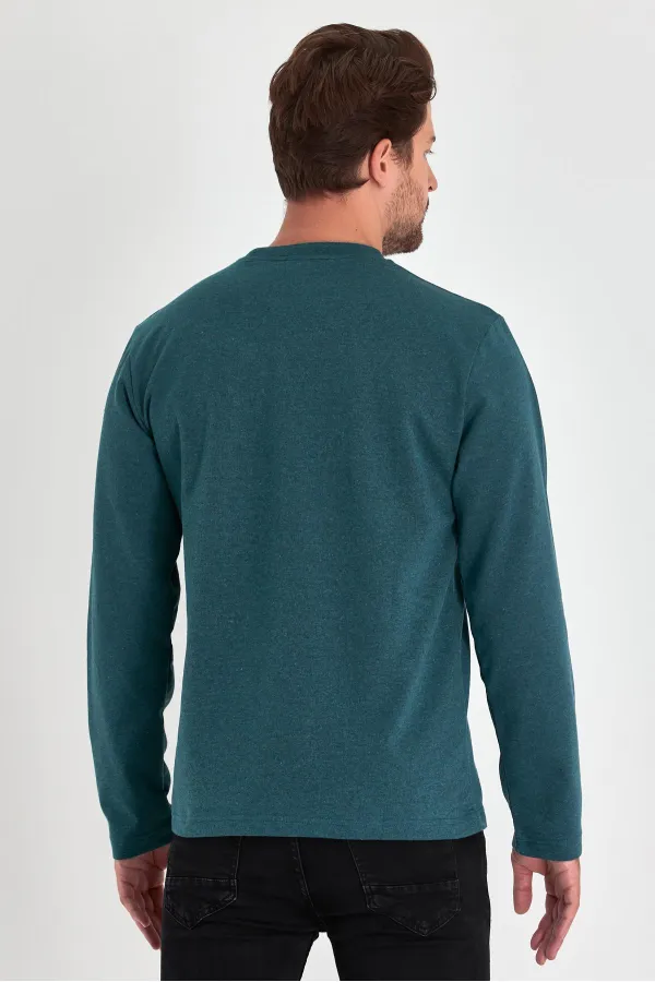 Men's Petroleum Double Crew Neck Print Detail Standard Relaxed Fit Sweatshirt